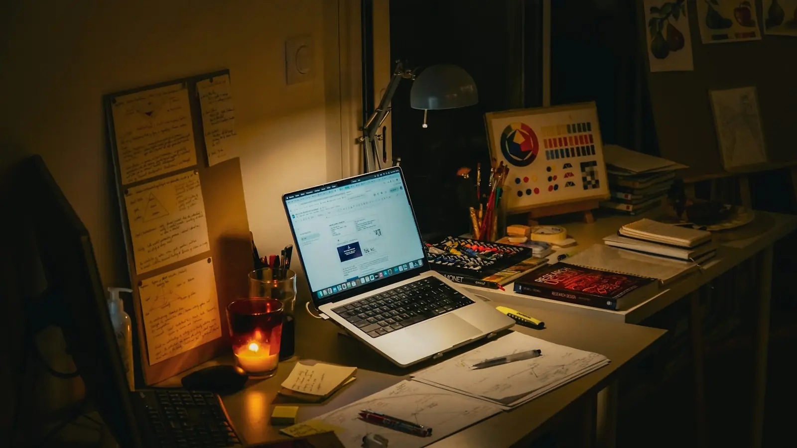 A lamp-lit desk at night with a laptop and notes