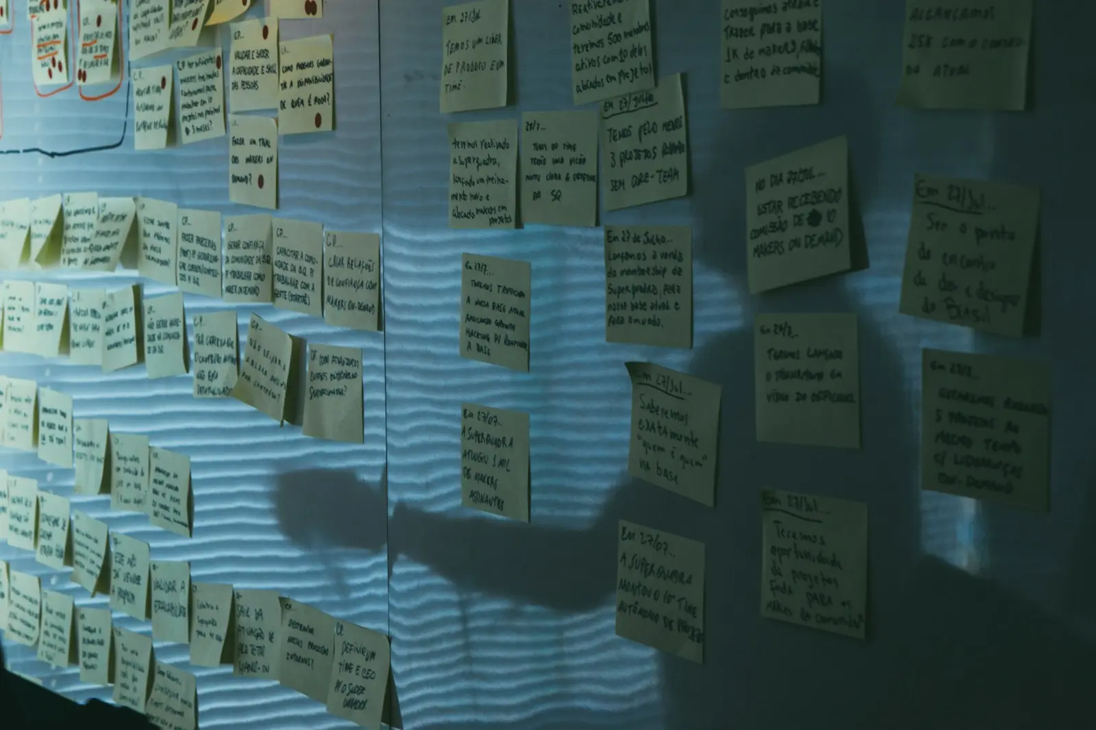 A wall of planning notes in cool blue light